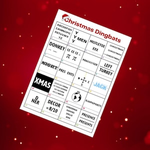 May include: A black and white printable Christmas Dingbats puzzle with 20 word puzzles. The puzzles are a mix of words, letters, and symbols. The puzzles are on a white background with a red border.