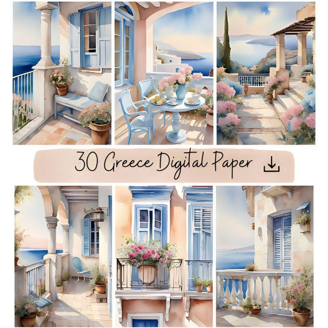 30 Greece Digital Paper Watercolor Art, Coastal Views Printable ...