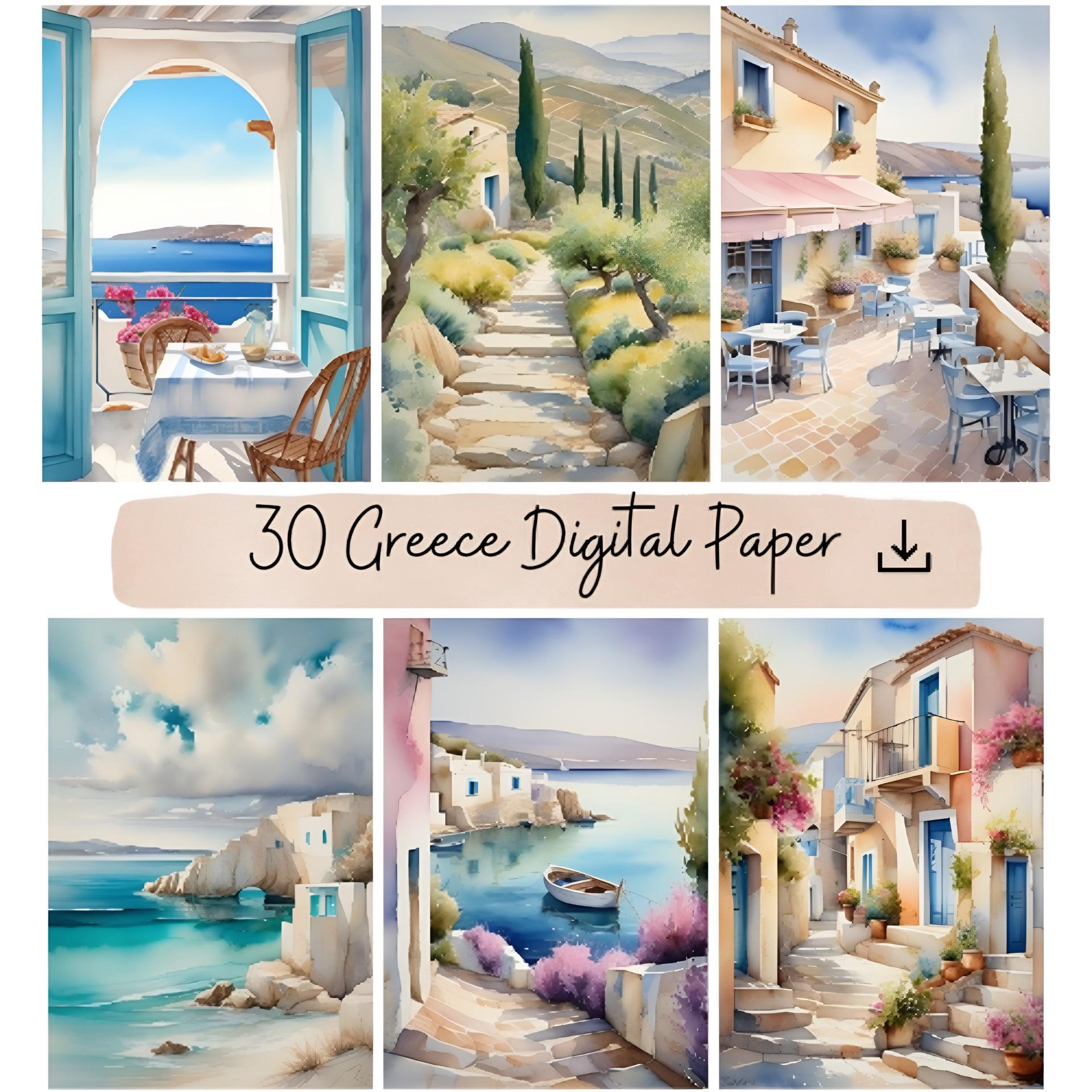 30 Greece Digital Paper Watercolor Art, Coastal Views Printable ...