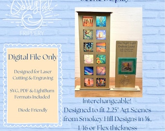 Puede incluir: Un expositor de escenas de arte mini intercambiables de madera con una serie de escenas de arte coloridas de 5,7 cm. La pantalla incluye el texto "Interchangeable Mini Art Scene Display" y "Digital File Only". Diseñado para corte y grabado láser.