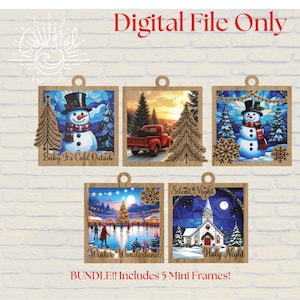 May include: A collection of five mini frames with winter-themed illustrations. Each frame features a different scene, including a snowman, a red truck, and a church. The frames are designed with a rustic aesthetic and include the text "Baby It's Cold Outside", "Winter Wonderland", and "Silent Night".