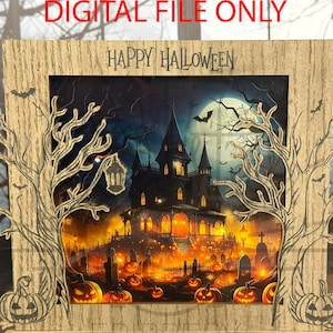 May include: A wooden Halloween-themed decoration with the text "HAPPY HALLOWEEN". The image features a spooky haunted house scene with pumpkins, bats, and trees. The words "DIGITAL FILE ONLY" are at the top.