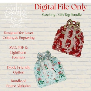 May include: Digital file bundle for laser cutting and engraving. Includes a red and a light blue Christmas ornament with the letter "B". The ornaments have a glittery finish and are decorated with bows and mistletoe. The text "Digital File Only" is visible.