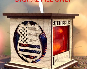 May include: A wooden box with a police badge design, featuring the text "HONOR, PROTECT, SERVE." The box has a dark brown top and base, with the words "BACK THE BLUE" and "Officer Wilkins" visible. The text "DIGITAL FILE ONLY" is at the top.