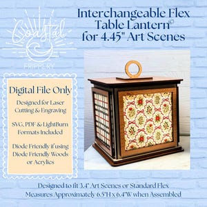 May include: An interchangeable flex table lantern for 4.45 inch art scenes, featuring a wooden frame with a top handle and decorative panels. The digital file is designed for laser cutting and engraving, measuring 6.5 inches high by 6.4 inches wide.