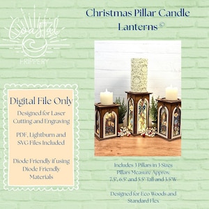 May include: Three wooden Christmas pillar candle lanterns with arched cutouts featuring festive holiday imagery. The lanterns are displayed in three heights of 7.5, 6.5, and 5.5 inches, all 3.5 inches wide, topped with white pillar candles.