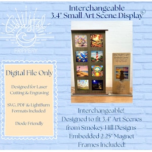 May include: A wooden display stand with interchangeable 3.4" art scenes. The stand features a series of small, colorful images, including flowers, landscapes, and a lighthouse. The text "Coastal Frippery" and "Digital File Only" are also visible.