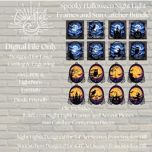 May include: A digital file bundle for laser cutting and engraving featuring 8 Halloween night light frames and sun catcher conversion pieces. The designs include silhouettes of spiders, crows, castles, pumpkins, cats, trees, and witches against moonlit backgrounds.