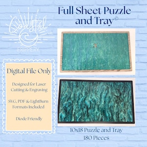 May include: Two full sheet puzzles with trays. The puzzles have a teal and green marbled design. One puzzle is partially assembled. The text reads "Full Sheet Puzzle and Tray", "Digital File Only", and "10x18 Puzzle and Tray 180 Pieces".