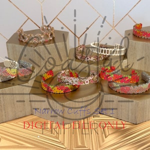 May include: Set of six narrow floral patterned cuffs, displayed on hexagonal wooden stands. The cuffs are in various colors, including red, orange, yellow, white, and green. The text "Narrow Cuffs Set I" and "DIGITAL FILE ONLY" is visible on the stands.