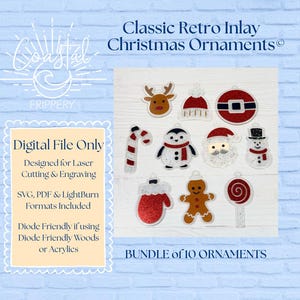 May include: A digital file bundle of 10 Christmas ornaments featuring designs of a reindeer, Santa hat, belt, candy cane, penguin, Santa face, snowman, mitten, gingerbread man, and lollipop. Text includes Classic Retro Inlay Christmas Ornaments.