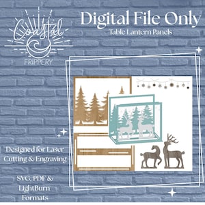 May include: Digital file for laser cutting and engraving table lantern panels. The design includes fir trees, reindeer, and snowflake cutouts. Formats include SVG, PDF, and LightBurn. The Coastal Frippery logo is in the upper left corner.