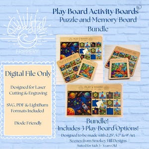 May include: A bundle of wooden play board activity boards with puzzle and memory board options. The boards feature colorful art scenes, including space and dinosaurs. The text on the image says "Digital File Only" and "Bundle! Includes 3 Play Board Options!"