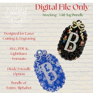 May include: Digital file bundle for laser cutting and engraving. Includes a black and a blue ornament with the letter "B". The black ornament has a Christmas theme with nutcrackers. The blue ornament has snowflakes.