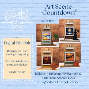Puede incluir: Paquete de archivos digitales para corte y grabado láser, con un diseño "Art Scene Countdown". Incluye pancartas de días y piezas de acento para varias festividades. Formatos SVG, PDF y LightBurn.