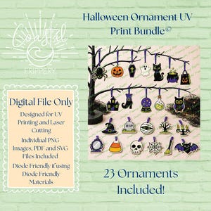 May include: A digital file bundle featuring 23 Halloween ornament designs for UV printing and laser cutting. The collection includes illustrations of a spider, pumpkin, coffin, ghost, cat, cauldron, house, boot, crystal ball, potion, owl, hat, tombstone, mummy, tree, candelabra, mirror, candy corn, skull, web, broom, and bat.