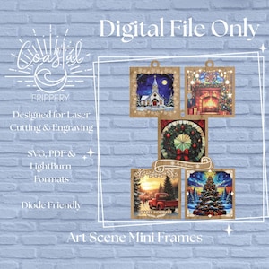 May include: Digital file featuring five art scene mini frames with Christmas themes. The frames include a church, fireplace, wreath, red truck, and Christmas tree. The text reads "Coastal Frippery" and "Digital File Only."