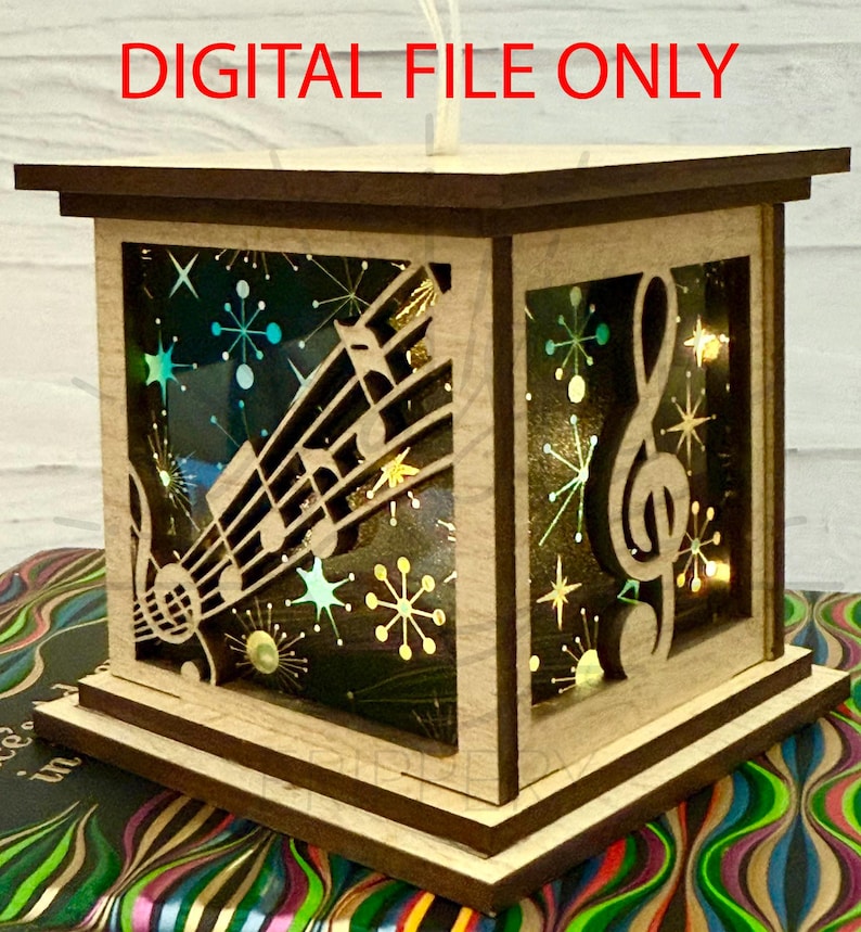 May include: A wooden lantern with a dark brown top and base, featuring cut-out musical notes and a treble clef. The lantern's interior is illuminated with lights, and the text "DIGITAL FILE ONLY" is visible at the top.