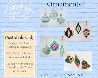 Puede incluir: Un archivo digital con un conjunto de 12 adornos navideños incrustados. Los adornos presentan diversos diseños y colores, incluyendo turquesa, rojo, verde y dorado. Diseñado para corte y grabado láser, con formatos SVG, PDF y LightBurn incluidos. Texto: "BUNDLE of 12 ORNAMENTS".