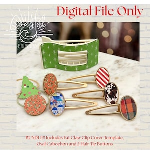May include: A collection of hair accessories, including gold-toned barrettes with patterned oval cabochons and two hair tie buttons. The barrettes feature designs like red stripes, cowhide, and plaid. A green claw clip cover and hair ties are also included. The text "Digital File Only" is visible.