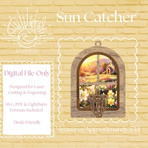 May include: Wooden sun catcher with a window design, featuring a scenic view of a church and flowers. The sun catcher is approximately 6 inches high. The text "Sun Catcher" and "Coastal Frippery" are visible.