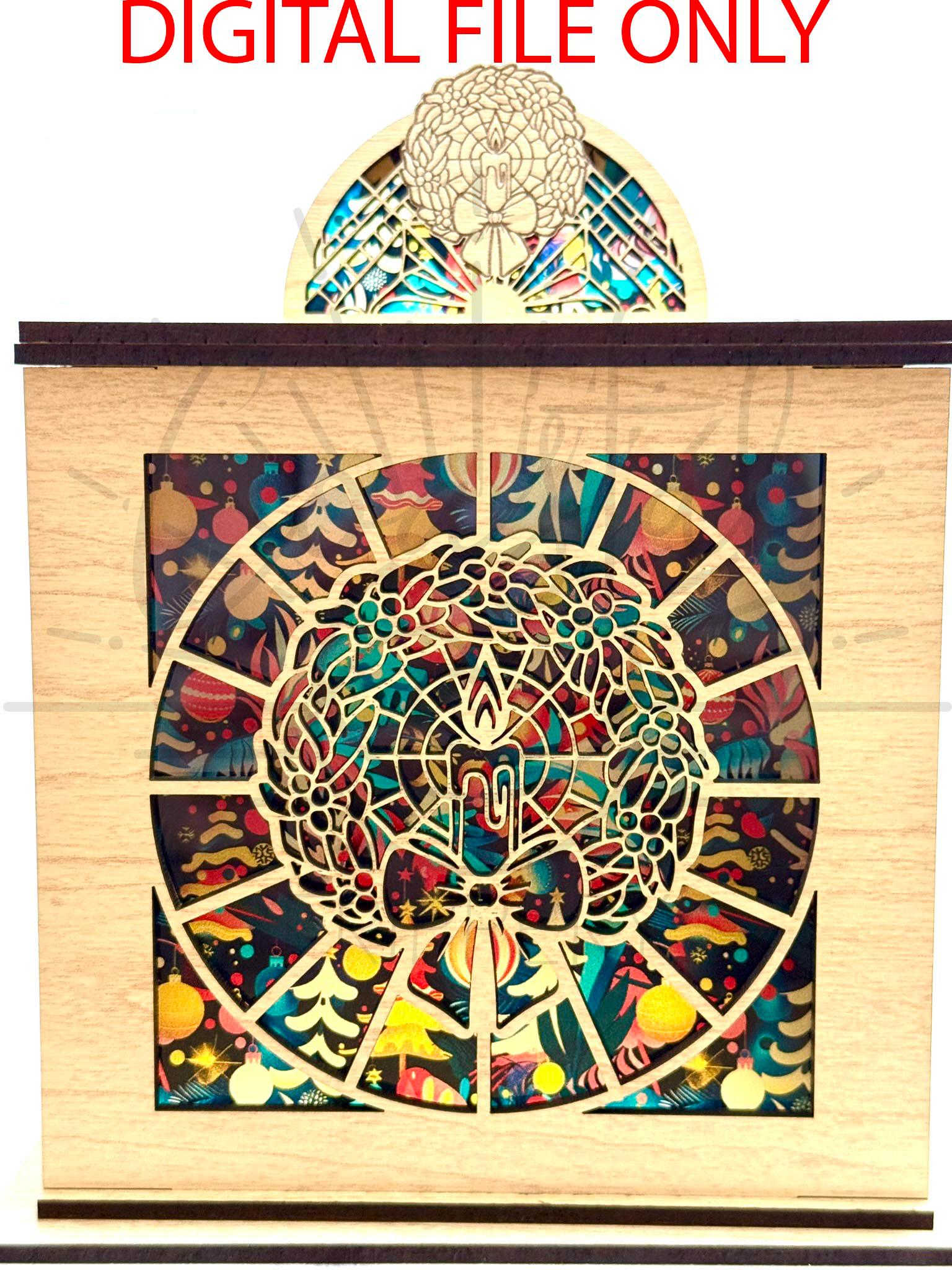 Christmas Lantern - Christmas Candle Lantern - Christmas Wreath Stained Glass Lantern - Diode Friendly DIGITAL File Only