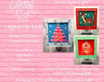 Puede incluir: Archivo digital para corte y grabado láser de una luz nocturna con escena artística intercambiable. Incluye diseños de árbol de Navidad rosa, ciervo y adorno vintage. El texto incluye Coastal Frippery, Digital File Only, SVG, PDF, LightBurn y Diode Friendly. Diseñado para escenas de 8,6 cm.