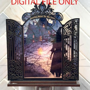 May include: A decorative night light featuring a silhouette of a witch in front of a haunted house scene. The night light has a dark brown frame with ornate gate designs and the text "Something Wicked This Way Comes" at the top. The words "DIGITAL FILE ONLY" are at the top.