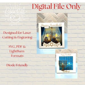 May include: A digital file for laser cutting and engraving, featuring a Hanukkah-themed design. The image shows a menorah with lit candles, gifts, and the text "Happy Hanukkah!" in a decorative frame. Formats include SVG, PDF, and LightBurn.