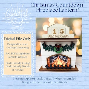 May include: A white and brown wooden fireplace lantern featuring a countdown display with the number 15, a green wreath with a red bow, and a fire graphic. The text reads Christmas Countdown Fireplace Lantern and 15 Days Until Christmas.