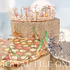 May include: Three clear plastic trays with scalloped edges. The top tray is decorated with a Christmas-themed pattern. The middle tray is decorated with a Christmas-themed paper with a gingerbread cookie pattern. The bottom tray is decorated with a white polka dot pattern. The trays are stacked on top of each other. The text "DIGITAL FILE ONLY" is printed on the bottom of the image.