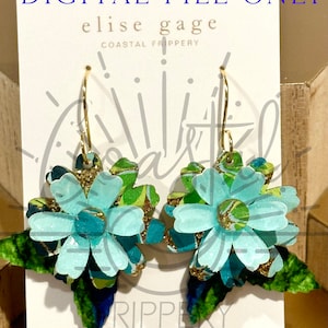 May include: A pair of turquoise blue flower earrings with green and gold accents. The earrings are on a white card with the text "Elise Gage Coastal Frippery".