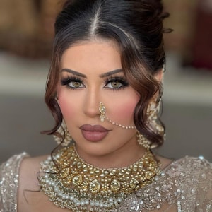 Indianer | Pakistanischer Schmuck / Gold Braut Kundan Halskette Set Indisches Gold weiß | Bollywood Schmuck | Nasenring | Braut Halskette | Ohrringe