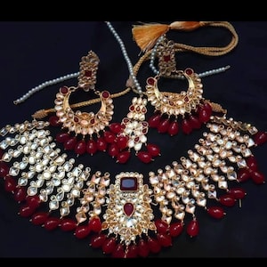 Farshi Kundan Bridal Jewelry Set | Red & Gold Indian Necklace Earrings Maang Tikka | Traditional Wedding Jewelry for Bride | Handcrafted
