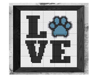 Cross Stitch Pattern Chart, Love Dogs, Puppies Paw Prints Pets, Easy Beginner Small Pattern, No Backstitch, Instant PDF Download