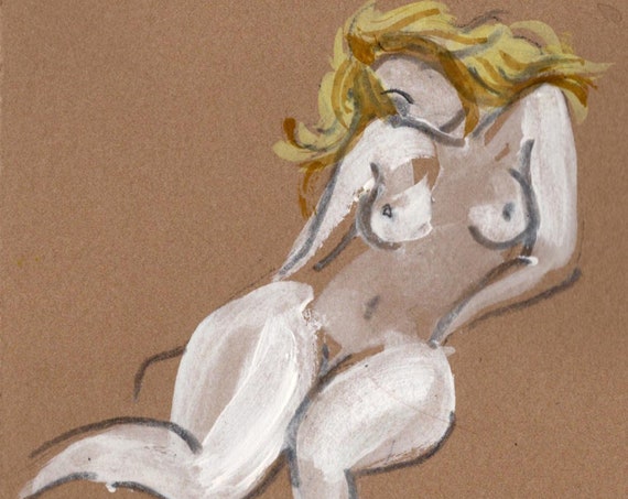 Watercolor graphite painting of MINI NUDE 57- original  by Gretchen Kelly