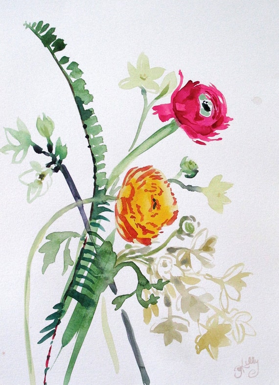 Flowers with Ferns #1- original watercolor flowers painting by Gretchen Kelly
