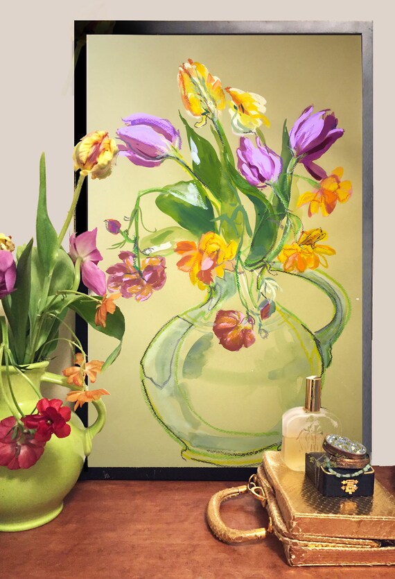 Original floral gouache painting of purple tulips on pale chartreus color paper