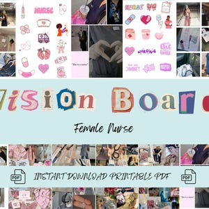 以下が含まれることがあります： カラフルなスクラップブック風のデザインで「Vision Board Female Nurse」と書かれたビジョンボードのコラージュ。コラージュには、医療用品、看護関連のグラフィック、そして「Nurse」と「Nursing Goals」という言葉の画像が含まれています。