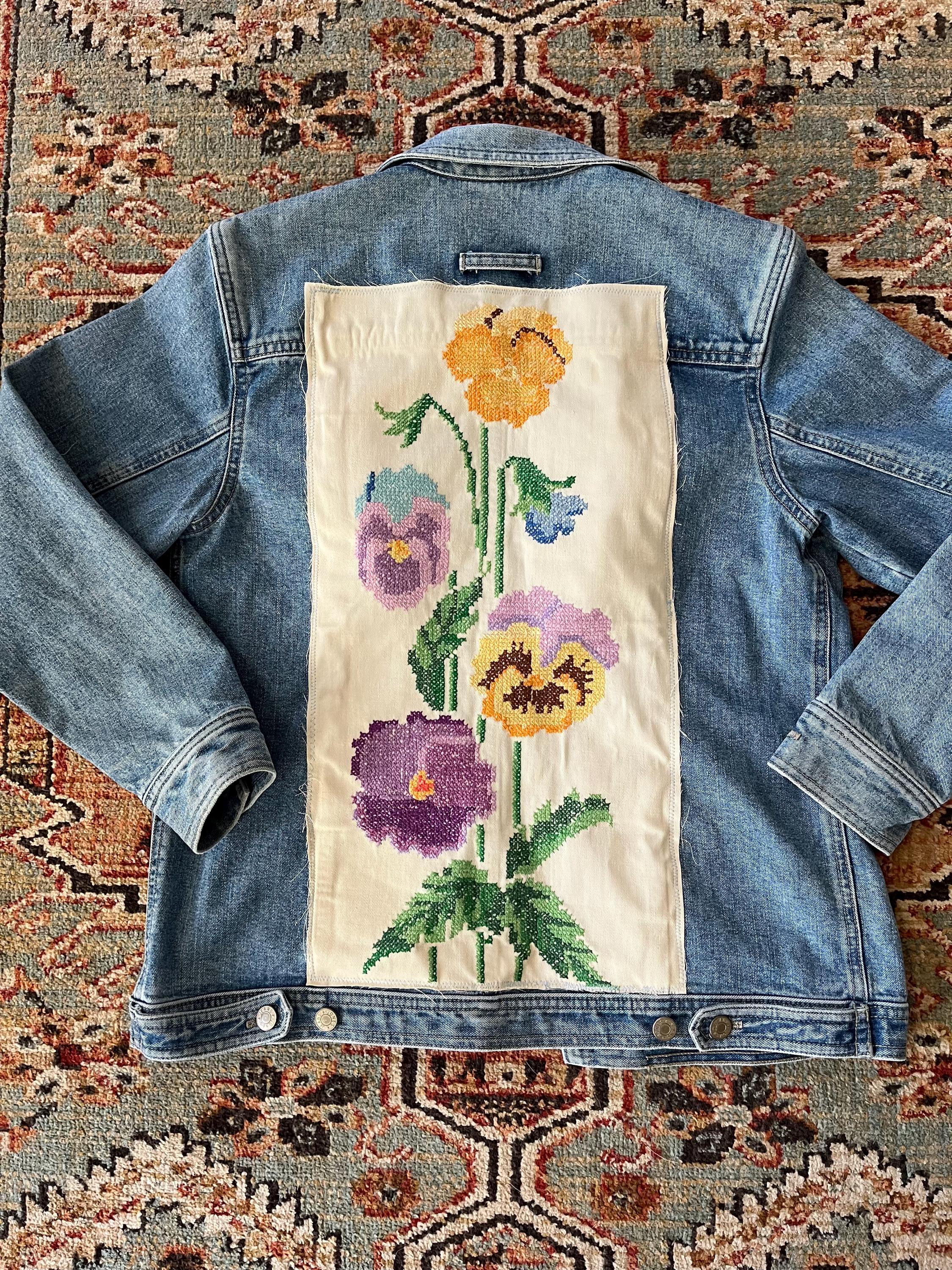 Upcycled Denim Jean Jacket With Vintage Needlepoint Cross Stitch
