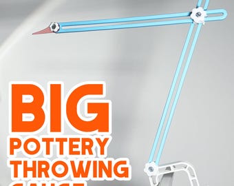 May include: A pottery throwing gauge with the text "BIG POTTERY THROWING GAUGE". The gauge has a light blue arm and a white clamp. The gauge has a red tip and a small soccer ball design.