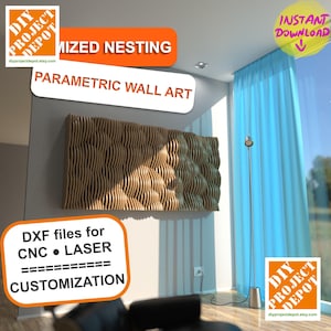 May include: A brown, textured, parametric wall art piece with a wavy design. The wall art is made of layered wood and is mounted on a white wall. The image includes the text "Parametric Wall Art" and "Customization".