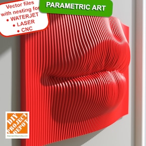 Könnte beinhalten: Rote parametrische Kunstskulptur in Form von Lippen. Die Skulptur besteht aus vielen dünnen, gebogenen Holzstücken. Der Text "PARAMETRIC ART" ist in der oberen linken Ecke des Bildes sichtbar.
