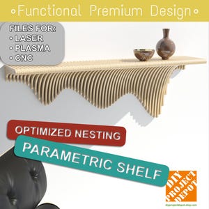 Könnte beinhalten: Ein parametrisches Regaldesign mit einer wellenförmigen, organischen Form. Das Regal ist aus Holz und für das Verschachteln optimiert. Das Bild enthält auch den Text "FILES FOR: LASER, PLASMA, CNC" und "OPTIMIZED NESTING PARAMETRIC SHELF".