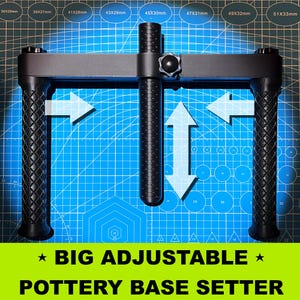 May include: A black adjustable pottery base setter with two handles and a vertical adjustable rod. The base setter is designed to help potters create even bases for their pottery.