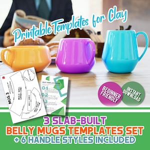 Peut inclure: Trois mugs ventrus colorés en orange, violet et turquoise, avec des poignées assorties. L'image comprend des modèles pour les tasses en argile et le texte "Printable Templates for Clay". Sont également inclus les mots "Beginner Friendly" et "Instant Download".