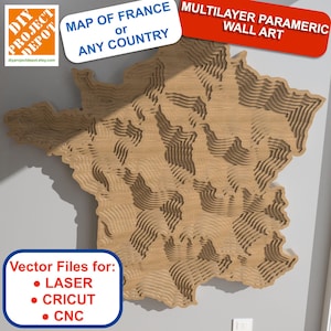 Parametrische kaart van Frankrijk, premium muurkunst, 3D gelaagde kaart voor CNC, laser of Cricut, decor voor thuis en op kantoor, houtbewerkingsplan instant DXF