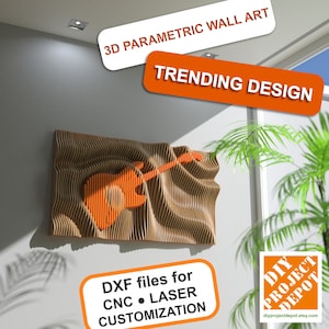 May include: A 3D parametric wall art design featuring a guitar shape, made of wood with a wavy texture. The design is labeled "Trending Design" and "DXF files for CNC LASER CUSTOMIZATION".