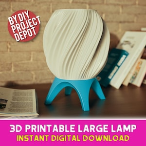May include: A 3D-printed large lamp with a white, spiral-patterned shade and a turquoise tripod base. The lamp is on a wooden surface with books and a magazine in the background. The image includes the text "BY DIY PROJECT DEPOT" and "3D PRINTABLE LARGE LAMP INSTANT DIGITAL DOWNLOAD."