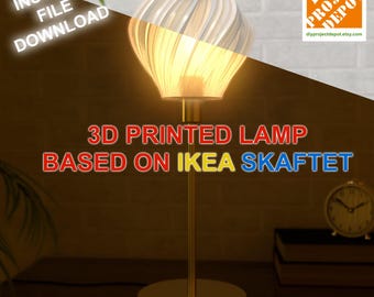 May include: A 3D-printed lamp based on the IKEA Skaftet design. The lamp has a white, layered lampshade and a gold-colored base and stem. The text "INSTANT FILE DOWNLOAD" and "DIY PROJECT DEPOT" are visible.